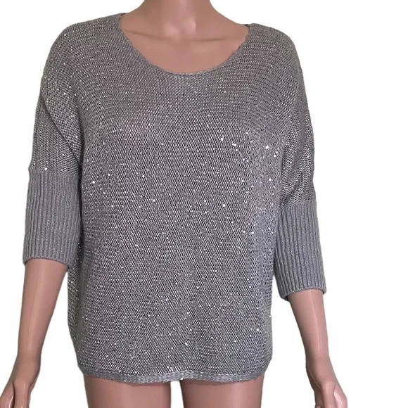 NWT Forever 21 Sequin Crew-Neck Long Sleeve Sweater, Silver Gray | S - Picture 1 of 14
